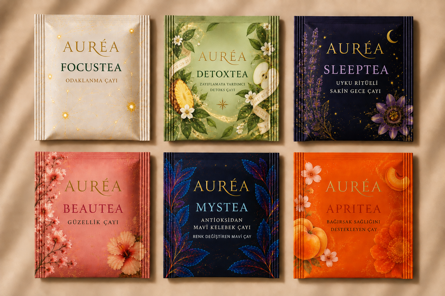 Six AURÉA tea varieties arranged in their colorful packaging